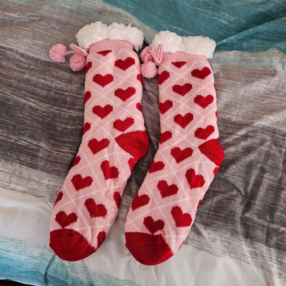 Cozy Pink and Red Heart Slipper Socks With Grip Bottoms.